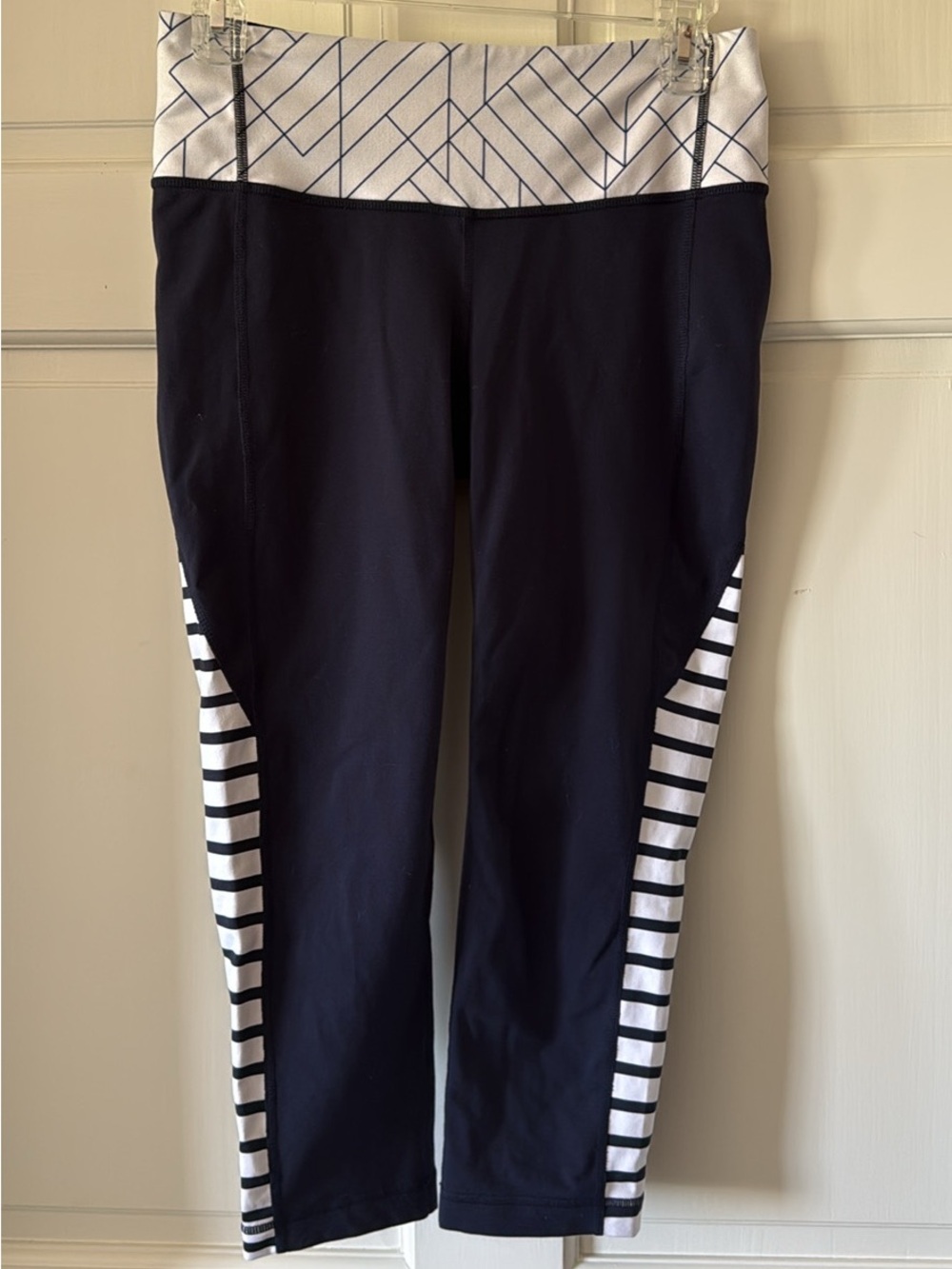 Athleta Navy and White Striped Performance Capri Leggings